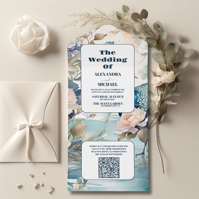 Código QR Casamento de Peacock Chinoiserie Floral  (Criador carregado)