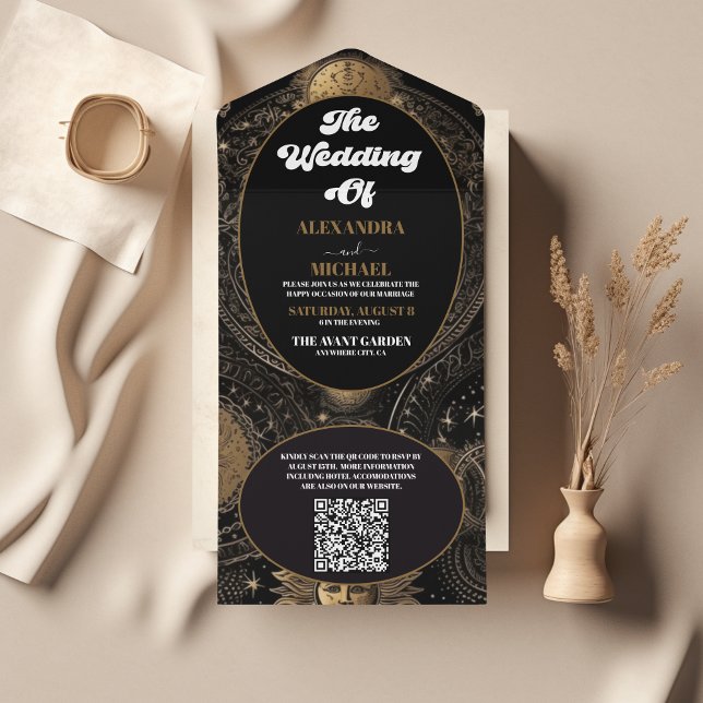 Código QR Casamento Dourado Celestial Preto (Criador carregado)