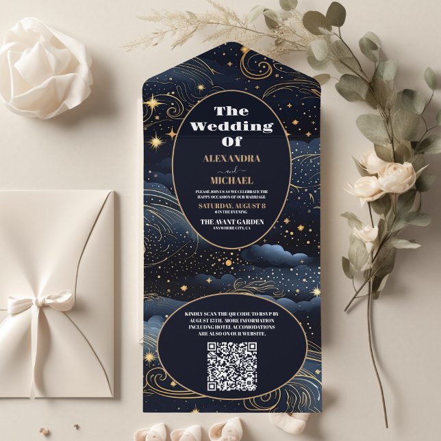 Código QR Casamento Estrelas Lua Azul Meia-Noite C (Criador carregado)