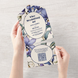 Código QR Casamento Floral Azul de Aquarela Elegan