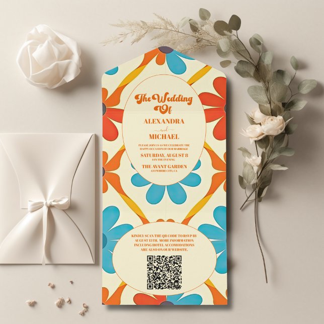Código QR Casamento Laranja Groovy Retro dos Anos  (Criador carregado)