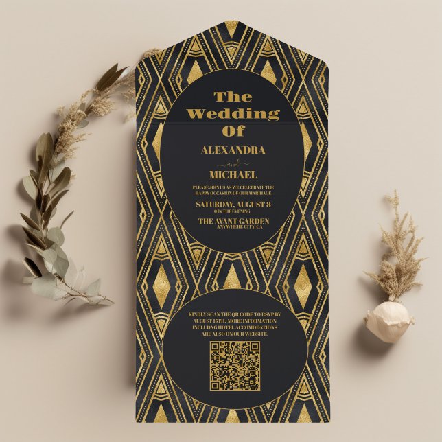 Código QR Casamento preto-e-Dourado e Deco de Arte (Criador carregado)