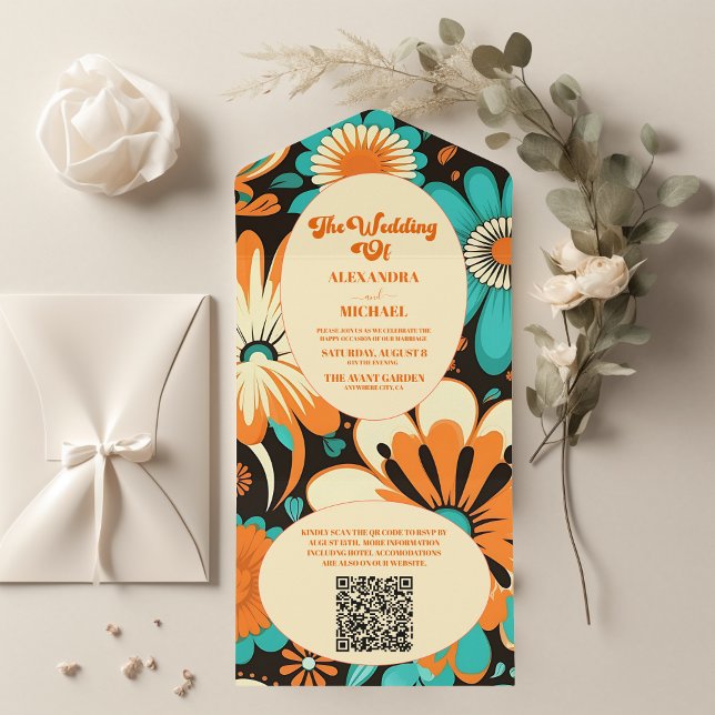 Código QR Casamento Retroativo de Groovy Floral (Criador carregado)
