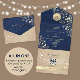 Código QR Casamento Rústico Azul Marinho Dourado R