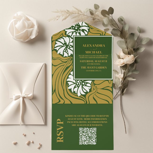 Código QR Clássico Casamento Arte Nova Verde (Criador carregado)