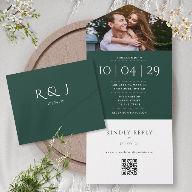 Código QR com Monograma Esmeralda e Foto da Data d (Emerald Monogram QR Code Photo Wedding Date All In One Invitation)