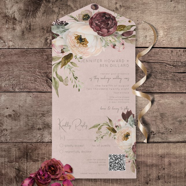 Código QR cor-de-rosa - Creme borrifado e pinheiro (Burgundy Cream & Pink Vintage Peonies All In One Wedding Invitation with QR Code)