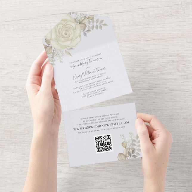 Código QR da Folhagem de Marfim Floral Elegante Wa (Aba destacável)