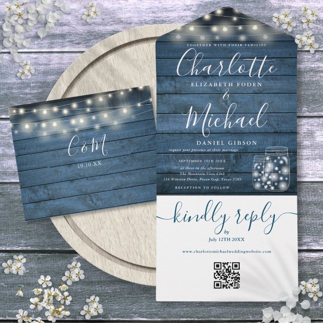 Código QR da Madeira Rústica Azul Casamento das Lu (Blue Rustic Wood QR Code Mason Jars Lights Wedding All In One Invitation)