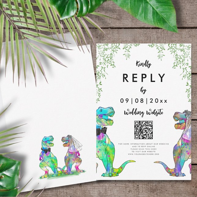Código QR da Resposta de Casamento do Tema do Dino (T-Rex bride and groom colorful dinosaur wedding reply wedding website QR code enclosure card)