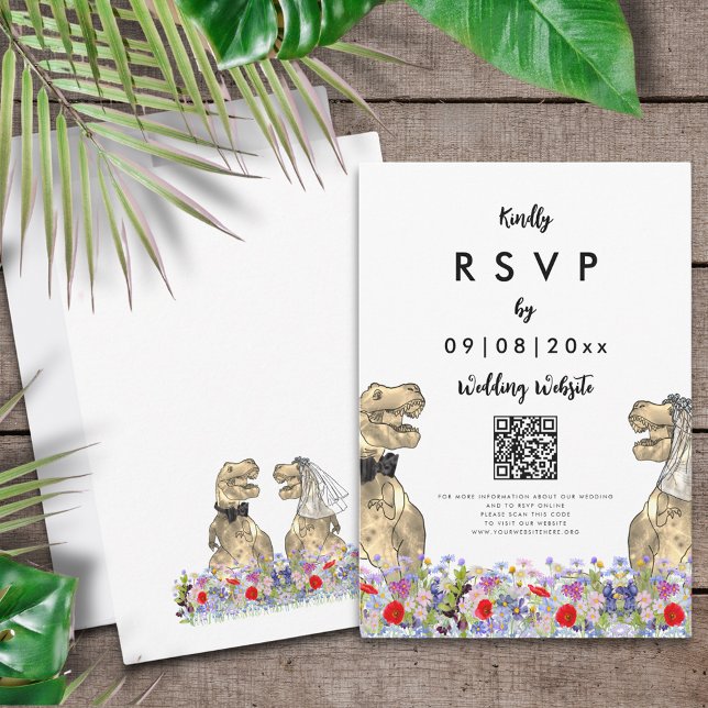 Código QR da resposta de casamento do tema do dino (T-Rex bride and groom dinosaur wedding website QR code RSVP enclosure card )