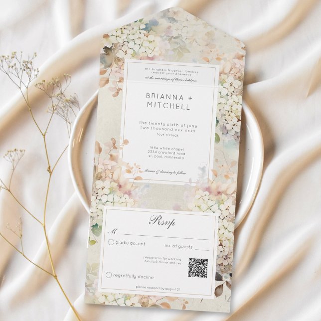 Código QR das Hipergaminas Neutras Românticas (Romantic Neutral Vintage Hydrangeas QR Code All In One Invitation)