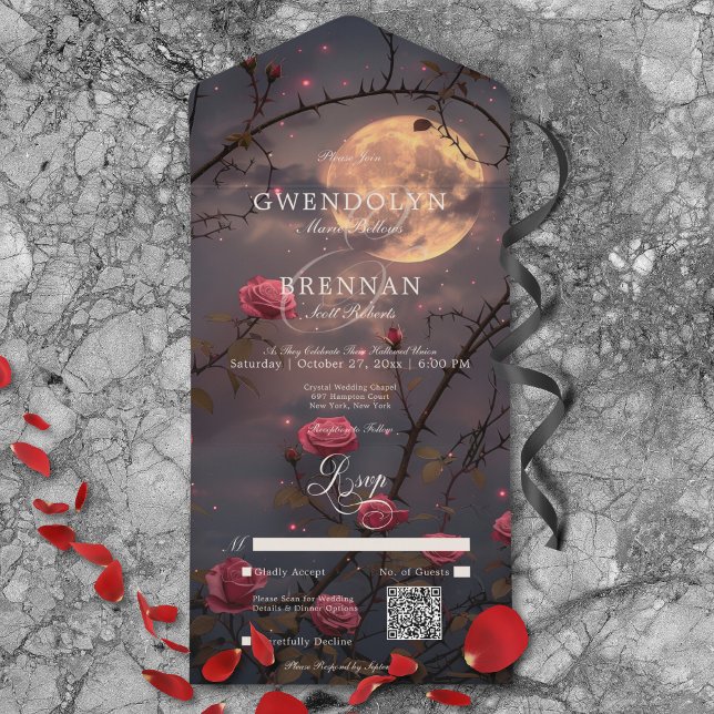 Código QR das Rosas vermelhas de Lua Cheia e Gótic (Dark Gothic Full Moon & Blood Red Roses QR Code All In One Invitation)