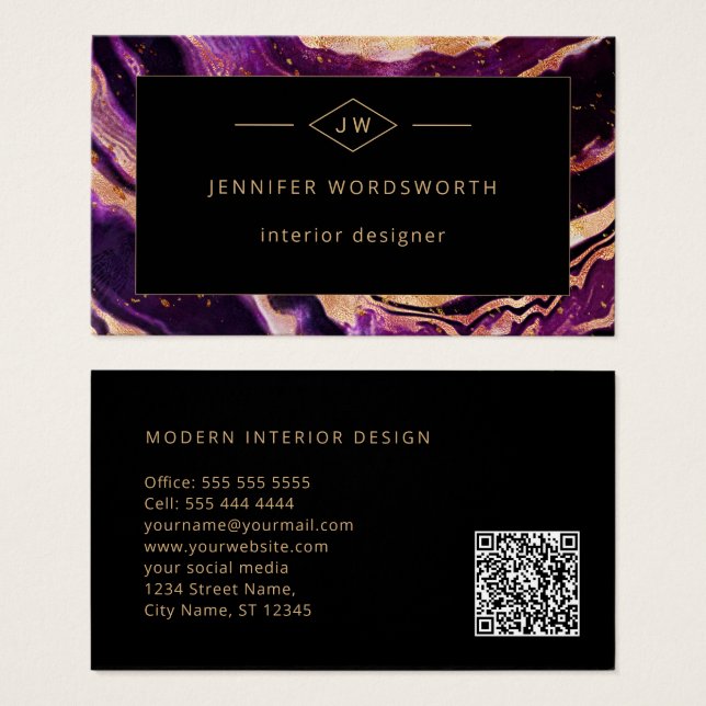 Código QR de Abstrato preto roxo profissional mode (Frente & Verso)