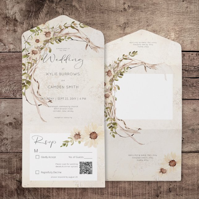 Código QR de Boho Cream Disies e Grass Secas (Boho Cream Daisies & Dried Grass QR Code All In One Invitation)