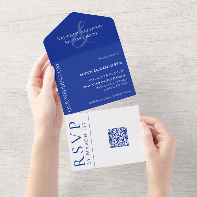 Código QR de Casamento Azul e Branco Moderno- (Aba destacável)