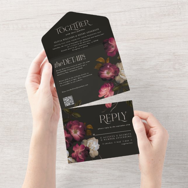 Código QR de Casamento Burgundy Chic Floral Sombri (Aba destacável)
