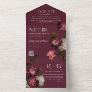 Código QR de Casamento Burgundy Chic Floral Sombri