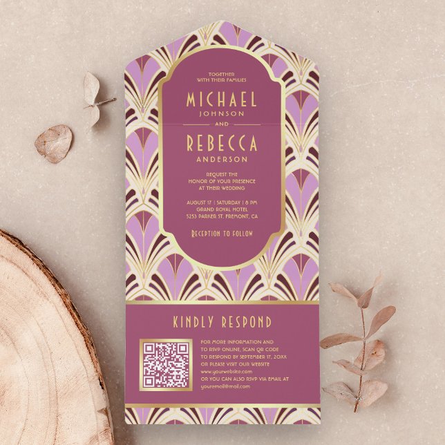 Código QR de casamento com padrão Art Deco em rosa (Criador carregado)