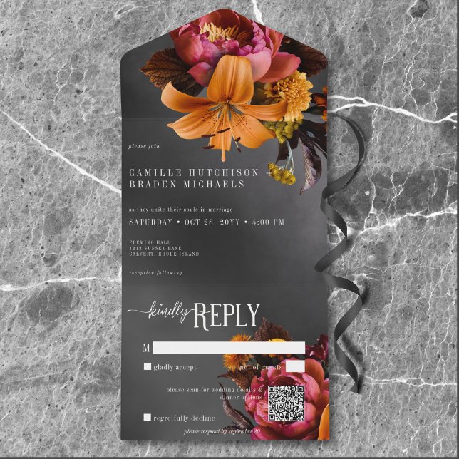 Código QR de Casamento de Lily Laranja Gótica Negr (Black Moody Gothic Orange Lily Wedding QR Code All In One Invitation)