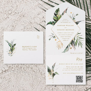 Código QR de Casamento Dourado de Folhagem de Aqua