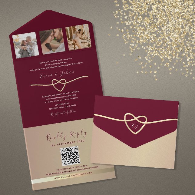 Código QR de Casamento Dourado e Borgonha (Criador carregado)
