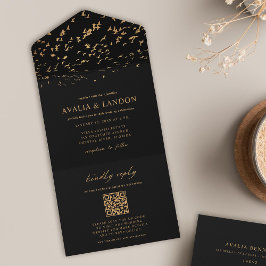 Código QR de Casamento Dourado e Negro de Aves Ele