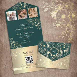 Código QR de Casamento Dourado e Verde Esmeralda