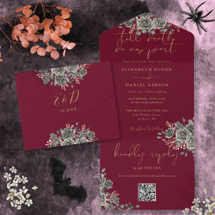 Código QR de casamento em Burgundy Gótico e Rosas 
