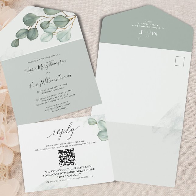 Código QR de Casamento Eucalyptus Elegant Watercol (Botanical green eucalyptus leaves all in one wedding invitations.)