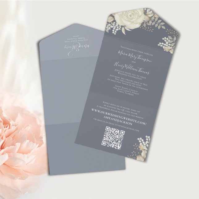 Código QR de Casamento Floral Azul Elegante Branco (Elegant white floral sage green leaves with dark dusty blue background)