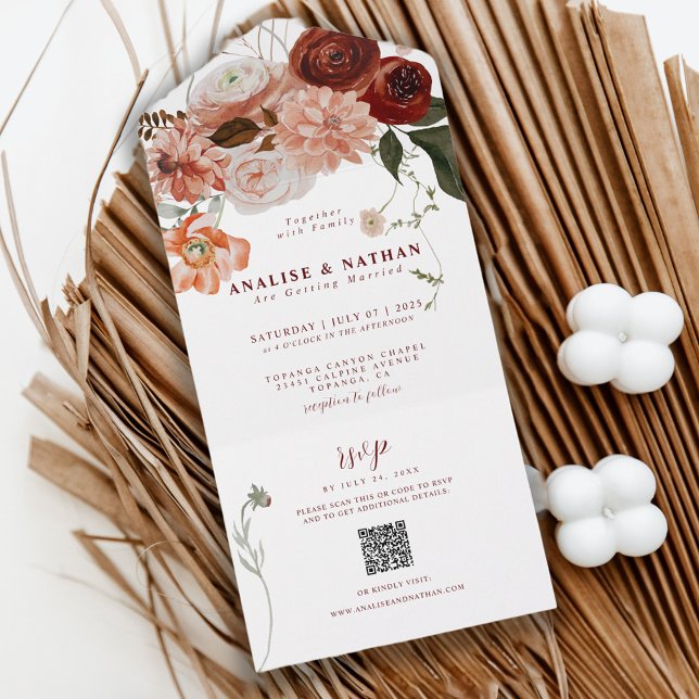 Código QR de Casamento Floral Boho Borgonha (Criador carregado)