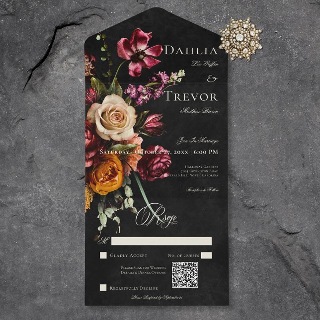 Código QR de Casamento Floral de outono de Outono  (Dark Elegant Autumn Floral Wedding QR Code All In One Invitation)