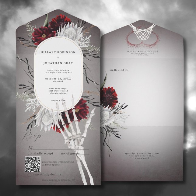 Código QR de Casamento Floral Vermelho de Amor e O (Love & Bones Spooky Red Floral All In One Wedding Invitation with QR Code)