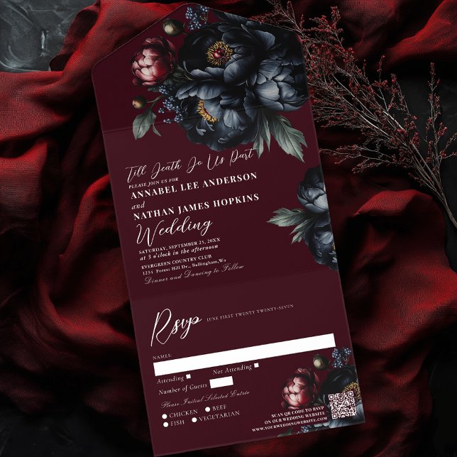Código QR de Casamento Gótico de Peonia Negra Verm (Criador carregado)