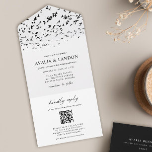 Código QR de Casamento Negro e Branco de Aves Eleg