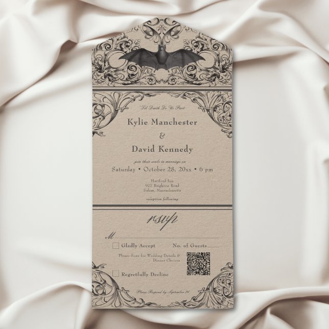 Código QR de Casamento Preto de Tan Morto em Bat V (Victorian Bat Til Death Black Tan Wedding QR Code All In One Invitation)