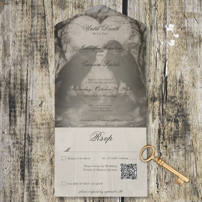 Código QR de Casamento Preto Gótico Escuro e Raven (Dark Gothic Black & Tan Raven Wedding QR Code All In One Invitation)