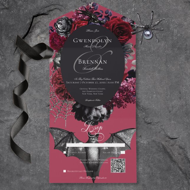 Código QR de Casamento Vermelho Floral de Glam das (Dark Halloween Glam Floral Red Wedding QR Code All In One Invitation)