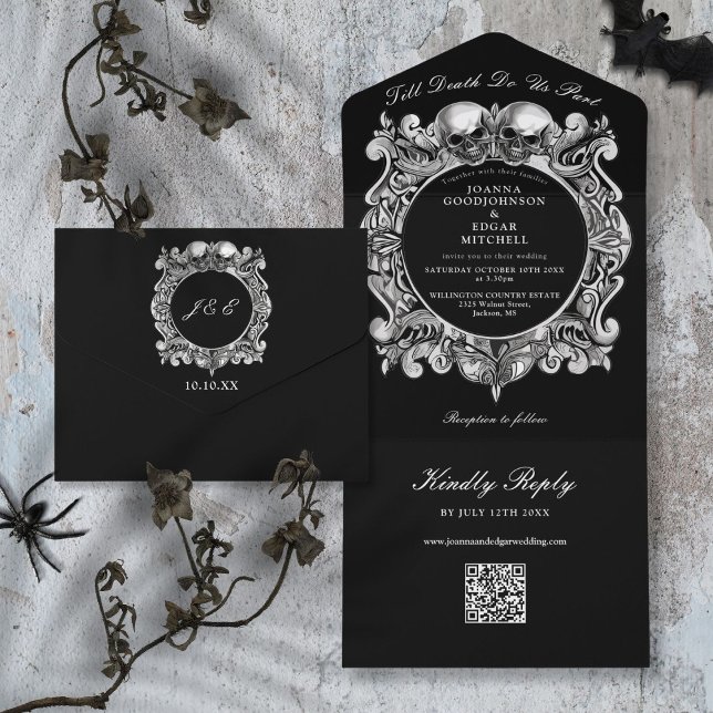 Código QR de Caveiras Góticas de Casamento Até a M (Till Death Gothic Skulls QR Code Wedding All In One Invitation)