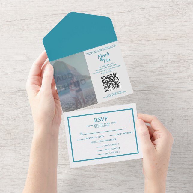 Código QR de Convite de Casamento Azul All in One  (Aba destacável)
