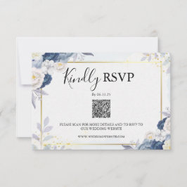 Código Qr de Elegante Azul e Floral Dourada Rsvp