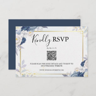 Código Qr de Elegante Azul e Floral Dourada Rsvp