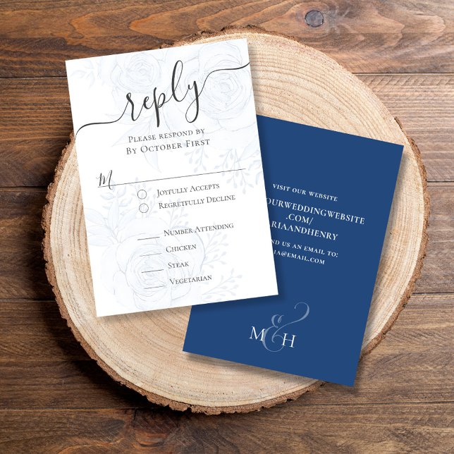 Código QR de Escolha de RSVP de Casamento Azul (Classic RSVP vertical style card with elegant blue floral design and monogram back.)