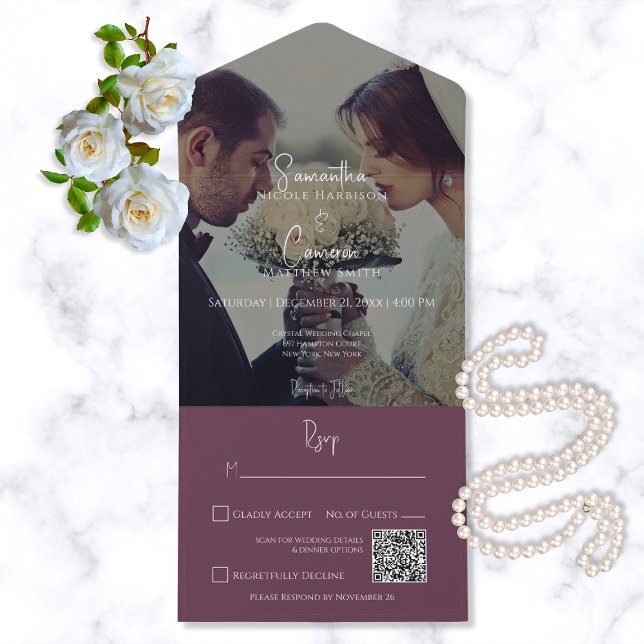 Código QR de Foto Elegante Moderno Burgundy (Criador carregado)