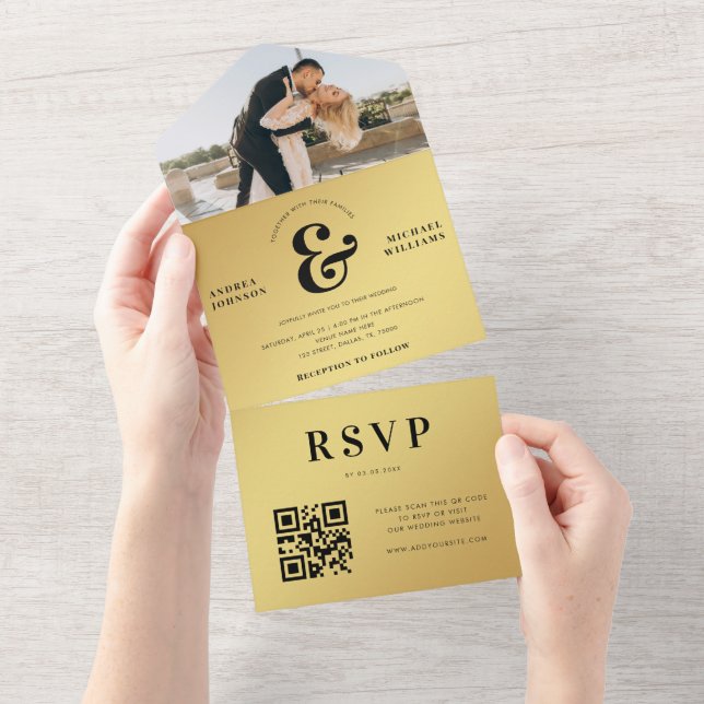 Código QR de Foto Moderna Dourada e Casamento Ampe (Aba destacável)