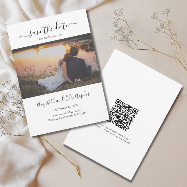 Código QR de Foto para Casamento Salve a Data  (Photo QR Code Modern Calligraphy Trendy Wedding Save the Date. )
