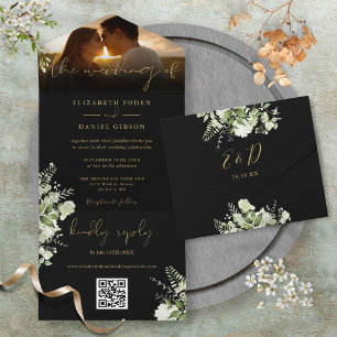 Código QR de Fotos de Casamento com Flora e Folhag