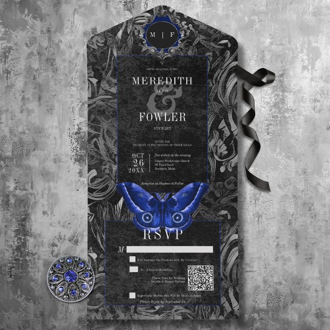 Código QR de Mariposa com Filigrana Preta e Azul e (Dark Gothic Black & Blue Filigree Moth All In One Wedding Invitation with QR Code)