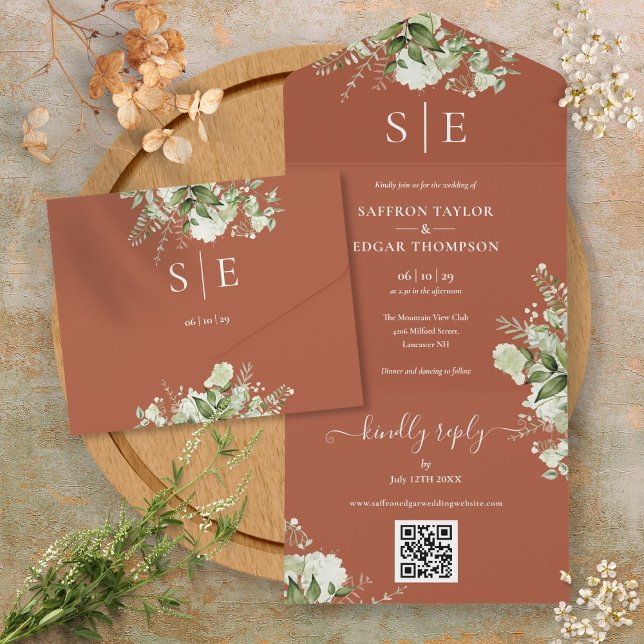 Código QR de Monograma Casamento Verde Terracota (Monogram QR Code Greenery Terracotta Wedding All In One Invitation)